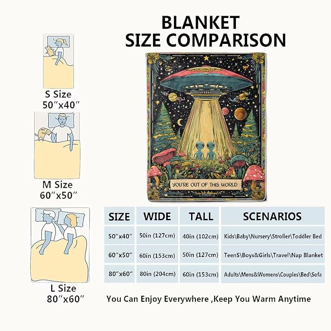 Alien & UFO Blanket Space Throw Blankets with Colorful Mushroom, Planet & Star,Birthday Gifts for Kids Adult & Sci-Fi Lovers,Lightweight Soft Fleece,for Sofa Couch Bed Room Decor 40x50in