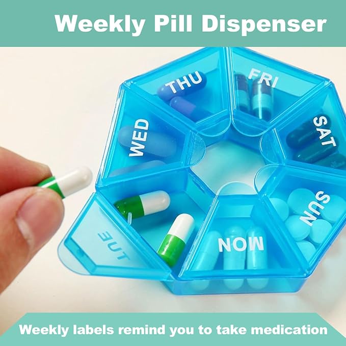 4 Pack Small Travel Pill Organizer, Small Portable Pill Dispenser | Weekly Medicine Box Storage Case, Vitamin Fish Oil Supplement Holder Reminder, Arthritis-Friendly, Yellow Blue Purple Orange