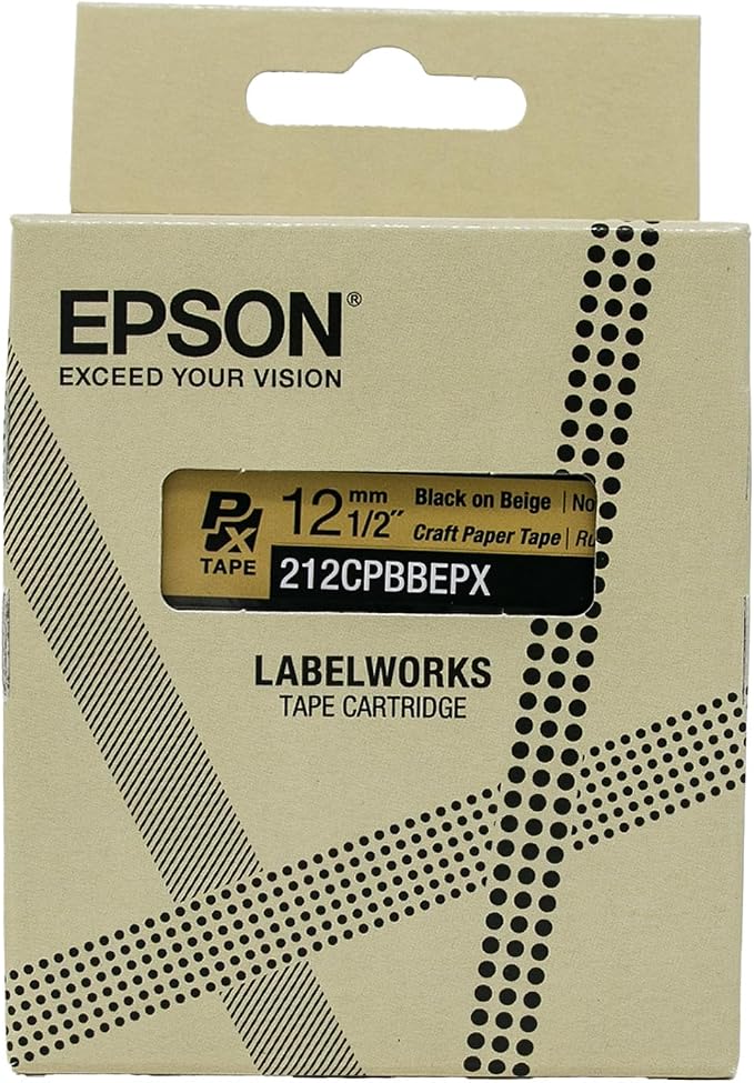 Epson LABELWORKS 212CPBBEPX Craft Paper Tape - Black on Beige - 1/2" (12mm) | Genuine Epson craft paper label tape, natural kraft look for gifts, crafts & organizing, Black on Beige, 12mm, 16.5ft