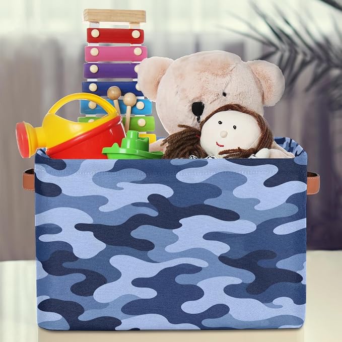 Pardick Camo Basket Storage Bins Rectangle Canvas Basket Cube Storage Box | Nursery Foldable Basket with Handle for Kids Girls Boys Toys Living Room Closet Organizer Shelf Gifts Camouflage Blue