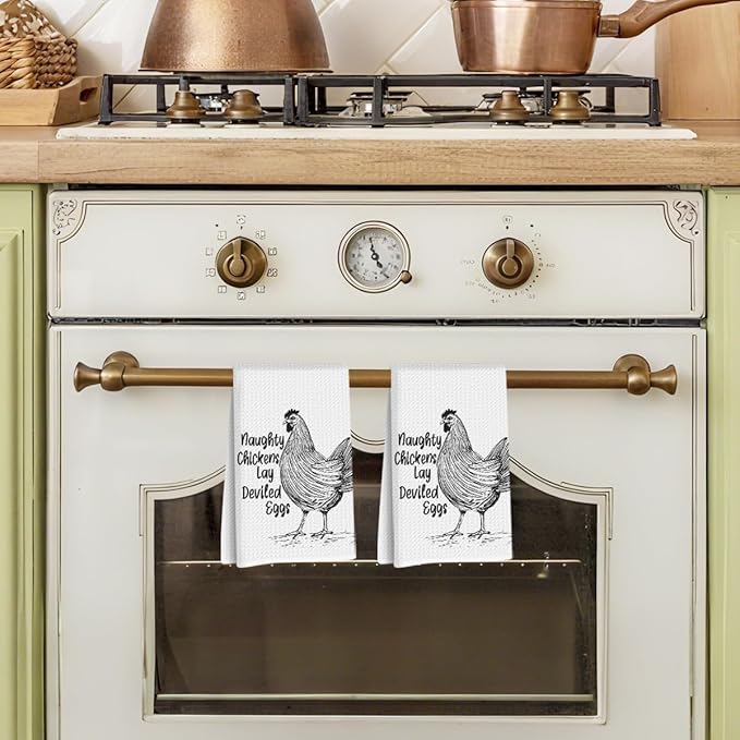 2 Pcs Funny Chicken Kitchen Towels 24x14 Inch, Chicken Lovers Gifts Reusable Dish Towels for Kitchen Home Farmhouse Decor, Waffle Weave Hand Cloth Tea Towel, Humorous Gifts for Women Men Friend