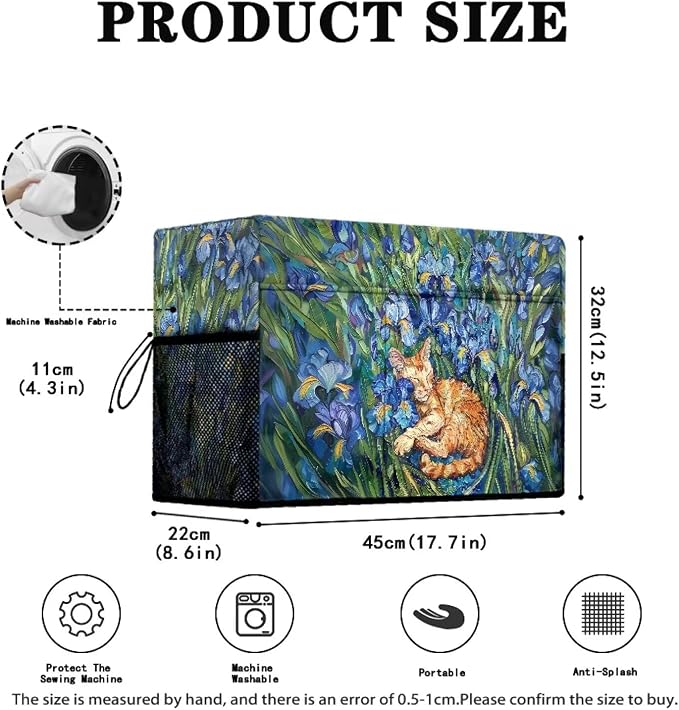 Iris Flower Orange Cat Pattern Sewing Machine Cover Heavy-Duty Dust & Pet Hair Protection with Storage Pocket, Fits Brother, Singer, Janome Machine (Green)