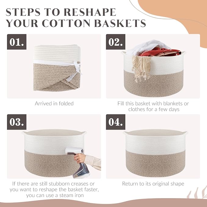 Maliton Woven Rope Blanket Basket Living Room, Storage Basket for Toy, 90L | 22"x14" Cotton Rope Basket. Holds blankets, Toys & Towels & Laundry. For Bedroom, Nursery, Bath & Playroom. Soft & Durable