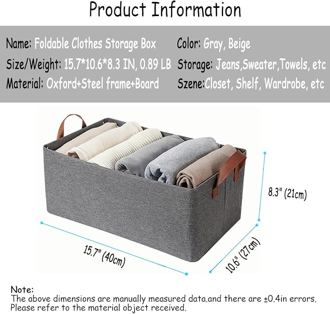 AARAINBOW 4 Pcs Closet Clothes Organizer with Handle, Closet Shelf Fabric Storage Box Steel Frame, Stackable Shelf Storage Baskets Foldable Wardrobe Storage Box for Clothes Pants, 23L (2 Gray 2 Beige)