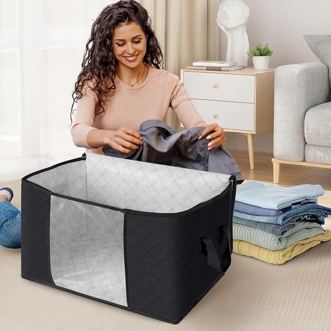 6 Pack Storage Bags for Clothes Blanket Storage Bins with Lids | Foldable Closet Organizers with Zippers,Window and Handles,Fabric Storage Bins for Sweater,Comforter,Bedding,Dorm essentials