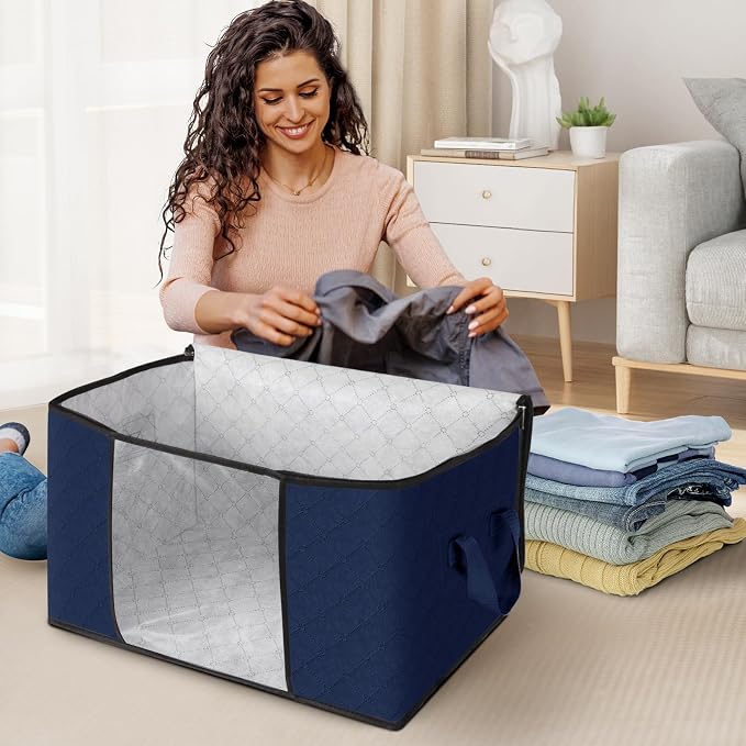 6 Pack Storage Bags for Clothes Blanket Storage Bins with Lids | Foldable Closet Organizers with Zippers,Window and Handles,Fabric Storage Bins for Sweater,Comforter,Bedding,Dorm essentials