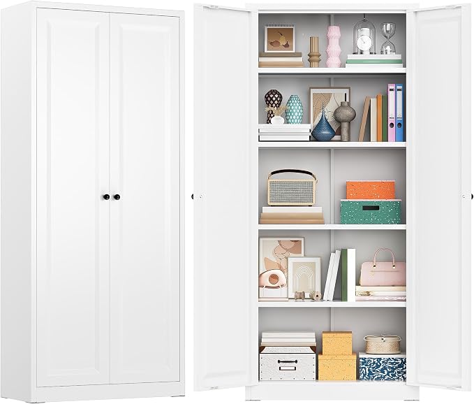 Greenvelly Metal Storage Cabinet, 63" H White Metal Storage Cabinet with Doors and 4 Shelves, Steel Cabinets for Living Room, Office, School (White - Modern)