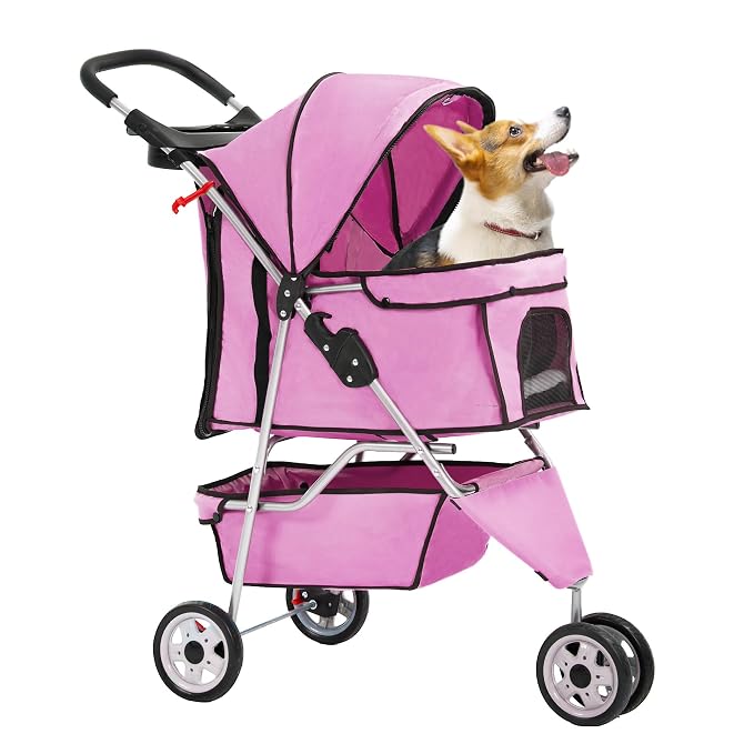 FDW 3-Wheel Pet Stroller Foldable Dog Cat Jogger Stroller Durable Travel Folding Carrier with Storage Basket Cup Holder,Peach Pink
