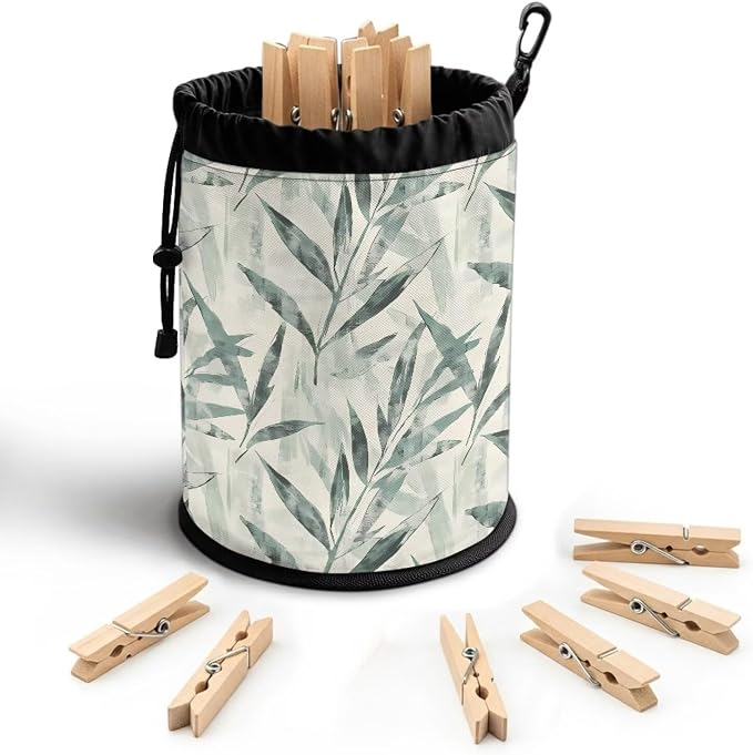 Bamboo Leaf Clothespin Bag Holder Hanging Clothespin Bag with Hooks Large Capacity Clothespin Storage Organizer for Clothesline Outdoor