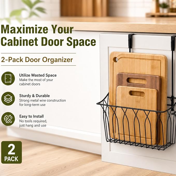 TOPZEA 2 Pack Grid Storage Baskets with Hooks, Metal Hanging Wire Basket Kitchen Over the Cabinet Door Organizer Caddy for Cutting Board, Kitchen Wrap, Foil, Cleaning Supplies, Bakeware, Towel