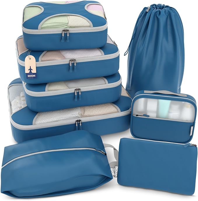 Shacke 8 Set Packing Cubes for Travel, Shoe & Toiletry Bags (Navy Blue) | Complete Suitcase Organizer Bags Set: 4 Luggage Packing Cubes + Laundry, Shoe, Toiletry & Accessories Bags for Any Trip