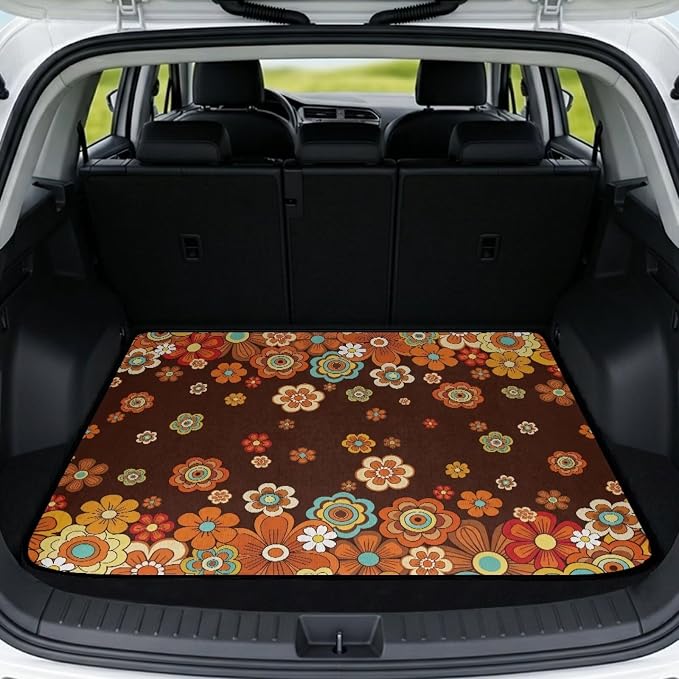 Howilath Retro Orange Floral Trunk Mats for Cars All Weather SUV Cargo Liner Durable Non-Slip Trunk Mat Universal Rear Cargo Protection Vehicle Interior Accessories 29"x39"