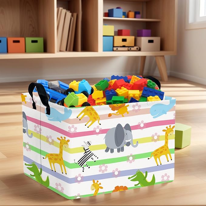 Cute Rectangle Woodland Animal Baby Girl Basket Nursery Playroom Bedroom Decor Clothes Toy Storage Basket Linen Canvas Colorful Animals