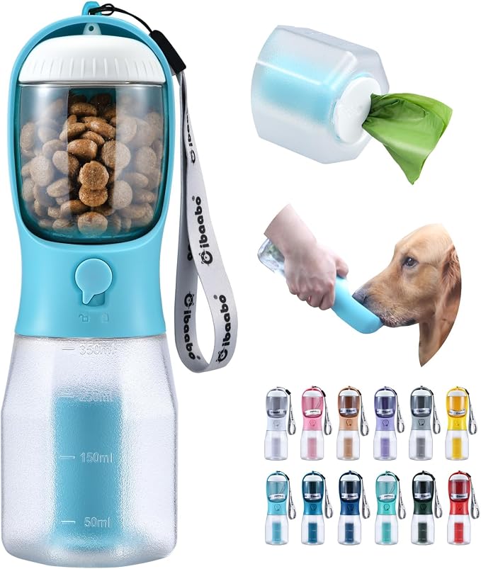 Cibaabo Dog Water Bottle with Food Container & Poop Bag Holder & Filter | Feeding & Hydration & Waste All in One | Travel Puppy Water Bowl | Portable Pet Dispenser | Dog Gifts | for Walking Beach