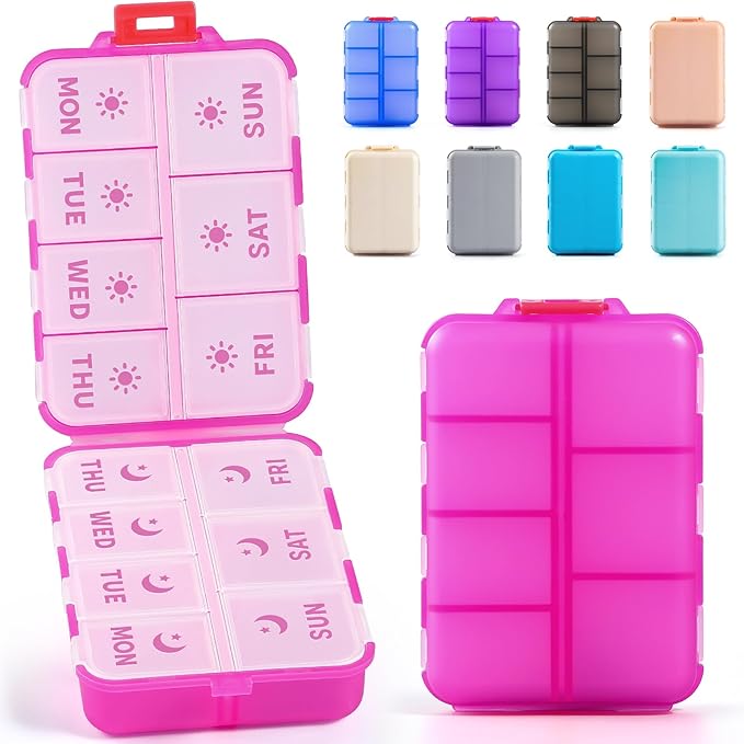 NEW Foldable & Double Protection Portable Weekly Pill Organizer 2 Times A Day with Etched Labels, AM PM 7 Day Week Medicine Box, Daily Travel Pill Case Dispenser for Vitamin, Supplement - Clear Pink