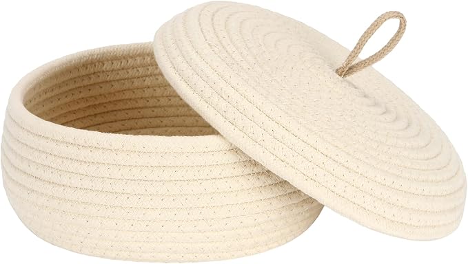 Sea Team Round Woven Cotton Rope Storage Basket with Lid, Cream | Lidded Knitted Decorative Storage Bin, Pot, Caddy, Organizer, Container for Snacks, Towels, Plants, 10 x 4.5 Inches