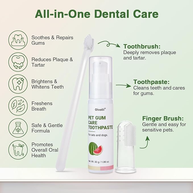 Cat Toothpaste Kit for Gum Care – Watermelon Flavor Dental Toothpaste with Finger Brush & Long-Handle Toothbrush – Soothes Gums, Freshens Breath, Reduces Plaque – Safe & Gentle for Daily Use