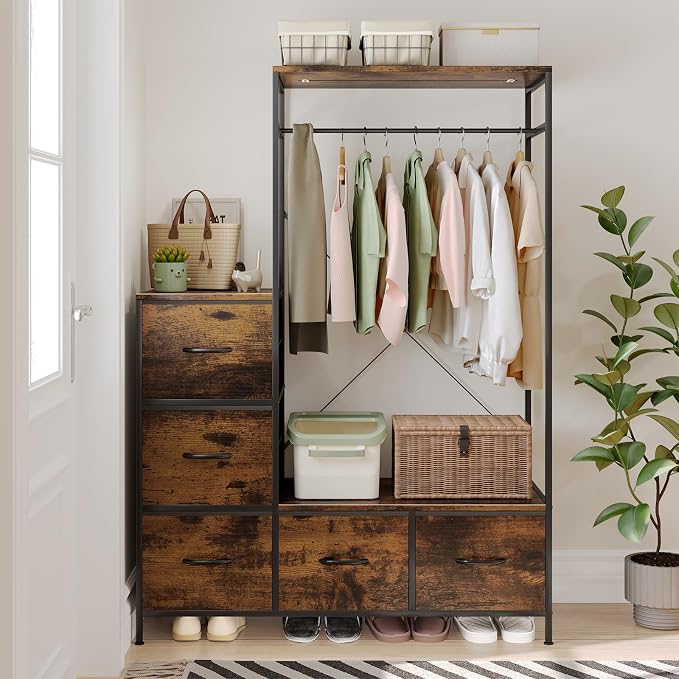 Clothing Rack with 5 Fabric Drawers & LED, 39.4" W×57" H Dresser with Hanging Rack, Free Standing Wardrobe Closet with Shelves, Closet Organizer for Bedroom, Small Space, Apartment, Brown