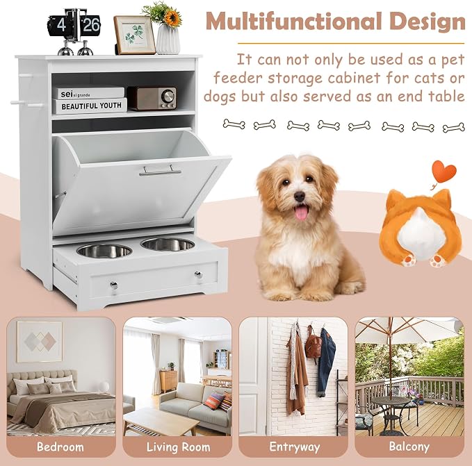Dog Feeding Station, Dog Food Storage Cabinet w/Double Raised Dog Bowls, Pull Out Design, Large Dog Feeder Station Container for Pets Toy, Feeding & Watering Supplies (White)