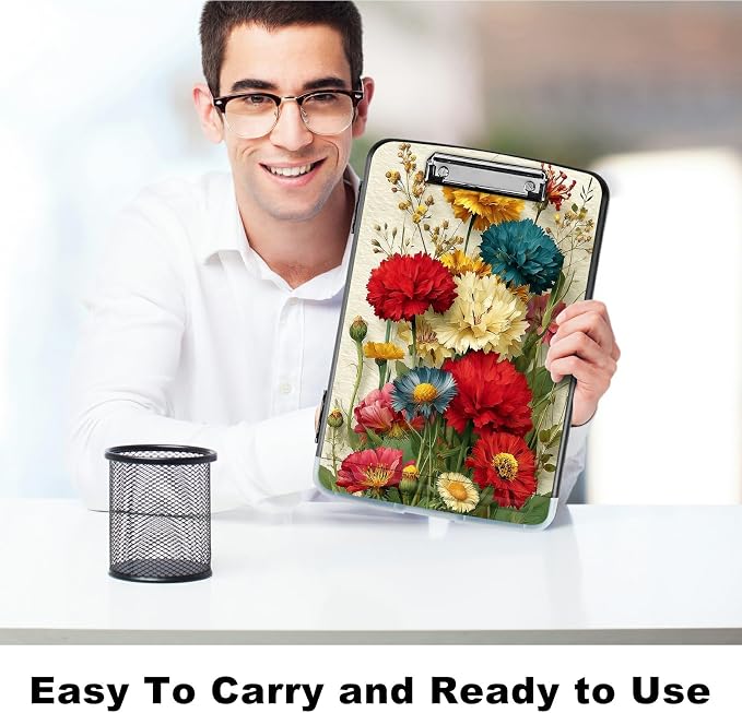 A4 Clipboard with Storage Pen Holder, Clipboards Organizer Nursing Clipboard Foldable File Folder Plastic Clipboard Folio Clip Board for Office Work Classroom Doctor, Pink Yellow Flowers