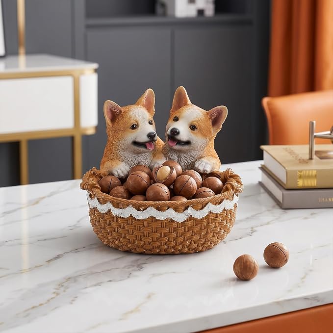 Resin Double Corgi Storage Basket, Decorative Catchall Tray for Keys & Candy, Desk Organizer Bowl for Home Office, Room Decor Accessories