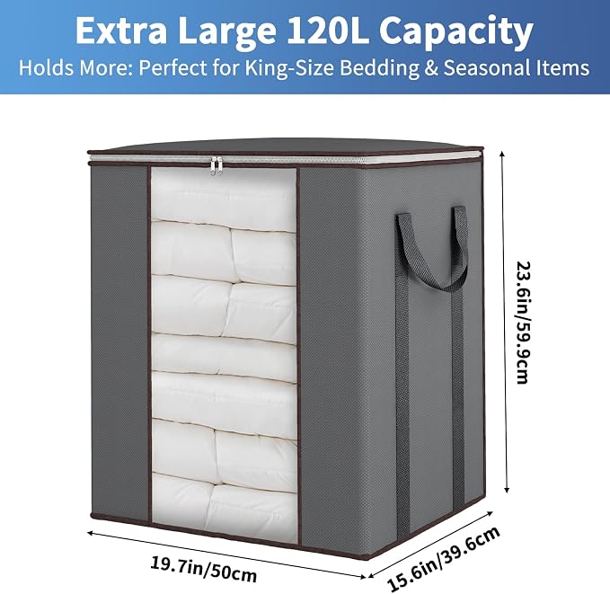 Blanket Storage Bags 120L for Comforter Clothes Bedding Sheet Grey | Breathable Fabric, Reinforced Handles, for King Comforters Bedding Pillows and Sheets, Closet and Bedroom Storage
