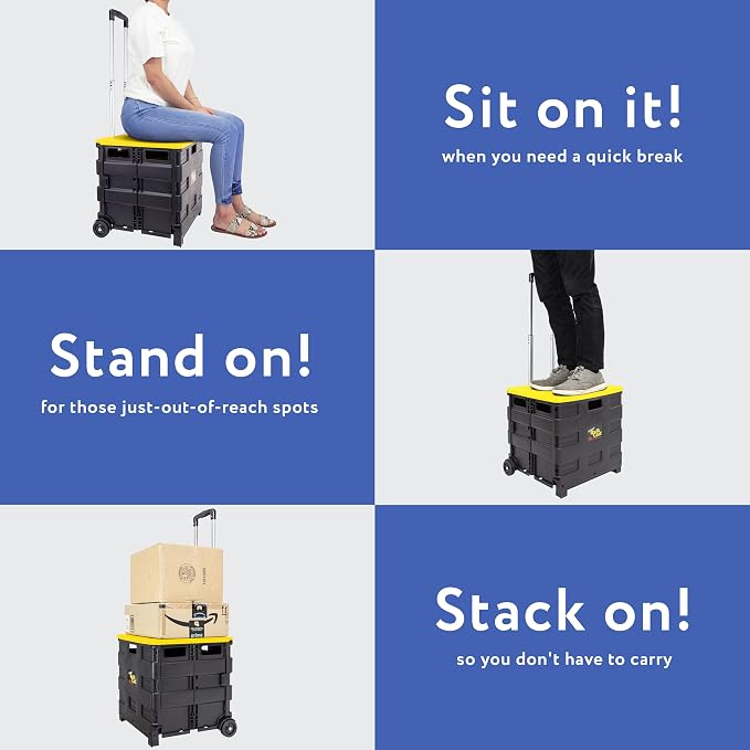 dbest Products Quik Cart Standard Collapsible Rolling Crate - Yellow Lid | with Wheels, Roll Up to 80 lbs Capacity, Heavy Duty Plastic Construction, Telescoping Handle, Foldable Utility Cart