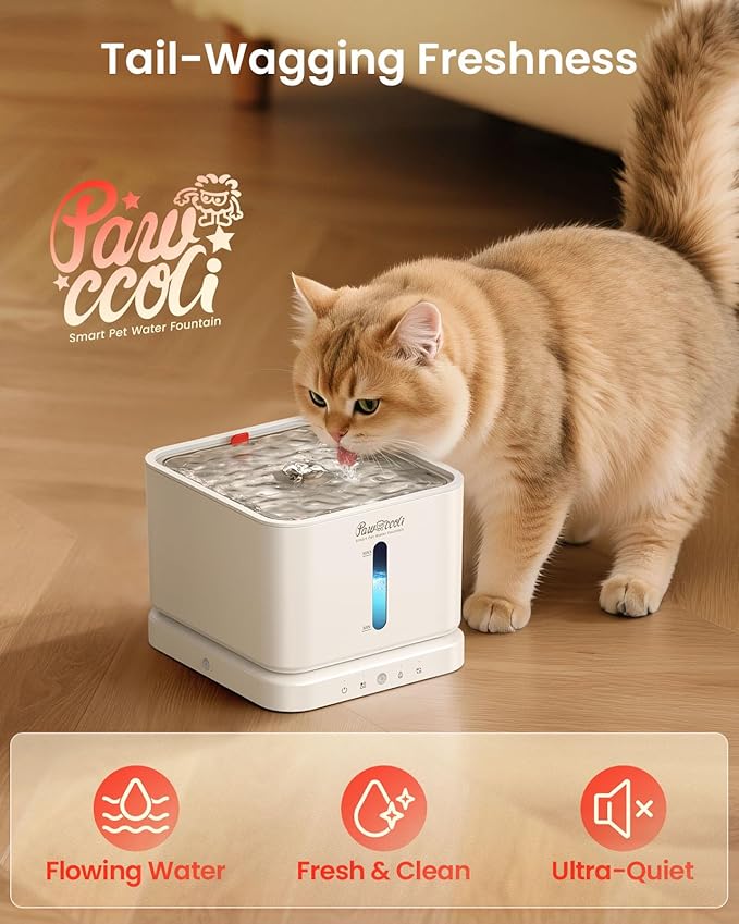 Cordless Cat Water Fountain, 3L/100oz Stainless Steel Tray, Cat Fountains for Drinking, Pet Water Fountains Indoor, Automatic Dog Water Bowl Dispenser, Rechargeable Battery Operated White