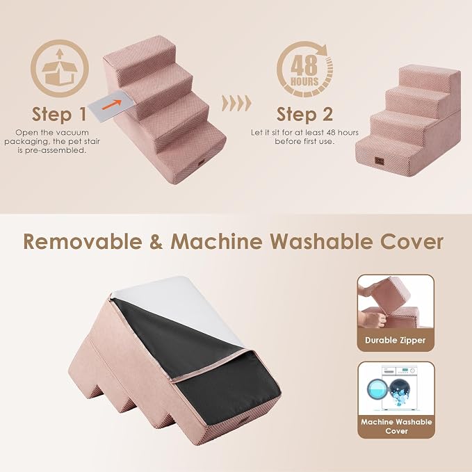 EHEYCIGA Dog Stairs for Small Dogs 13.5" H, 3-Step Dog Steps for Cats, Pink | Pet Steps for Couch Sofa and Chair, Non-Slip Balanced Pet Ramp Indoor