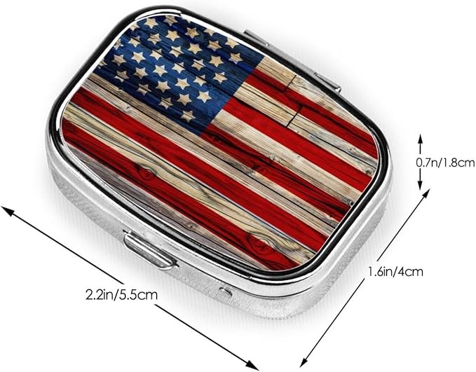 Small Pill case for Pockets & Purses Pill Box Makes 2 Compartment Travel Medicine Organizer (Vintage Wooden American Flag)