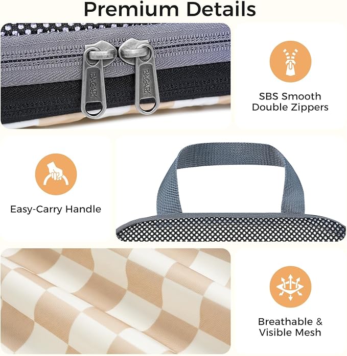 BAGAIL 4 Set/6 Set/8 Set Compression Packing Cubes Travel Accessories Expandable Packing Organizers (Half Mesh, 6-Khaki Checkered)