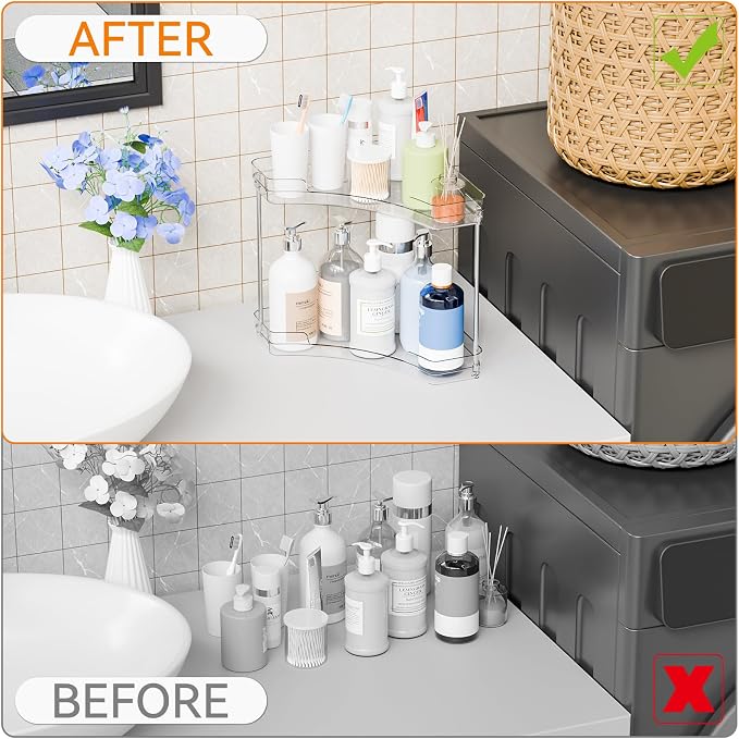 2 Tier Corner Bathroom Counter Organizer,Clear Sink Shelf,Bathroom Corner Organizer and Storage for Restroom,Vanity Countertop,Two Tier Small Sink Organizers & Rack for Makeup,Beauty Product