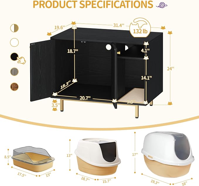 Hzuaneri Cat Litter Box Enclosure, Hidden Litter Box Furniture with Storage | Large Wooden Cabinet with Sisal Mat, Modern Cat Washroom for Living Room, Bedroom, Entryway, Black and Gold CB01504G