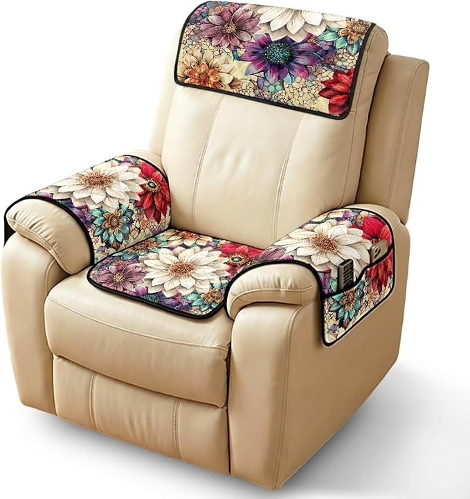 Boho Flower Recliner Chair Covers 4 Piece Non Slip | Quilted Recliner Covers Waterproof Lazy Boy Chair Covers with Arms Pet Friendly Washable Recliner Cover for Sofa Armchair