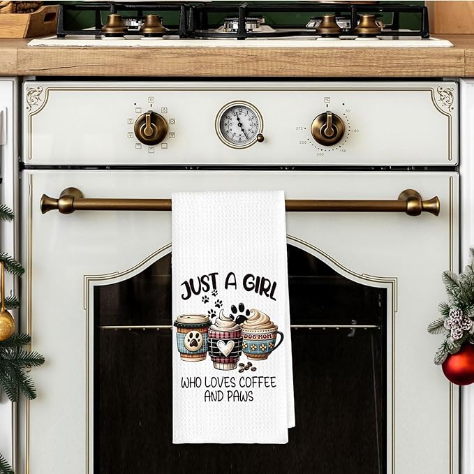 Kitchen Towels Dish Towel Tea Towels, Hand Towel Coffee Decor Gifts for Women Dog Mom, Just A Girl Who Loves Coffee and Paws 16x24 Inch