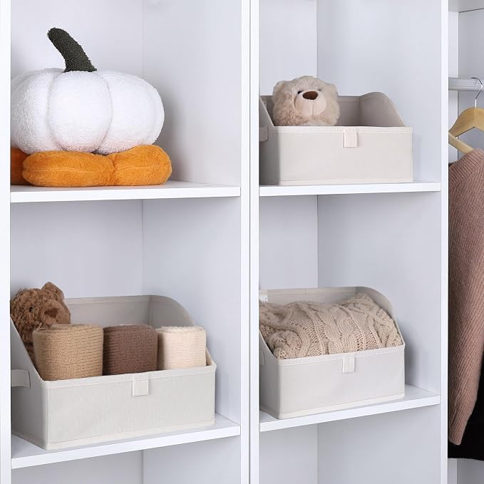 WUIKE 3 Pack Large Closet Storage Bins, Trapezoid Basket, White & Beige | Fabric Storage Baskets with Handles, Purse Organizer for Closet, for Clothes, Sheets, Blankets and Shelves