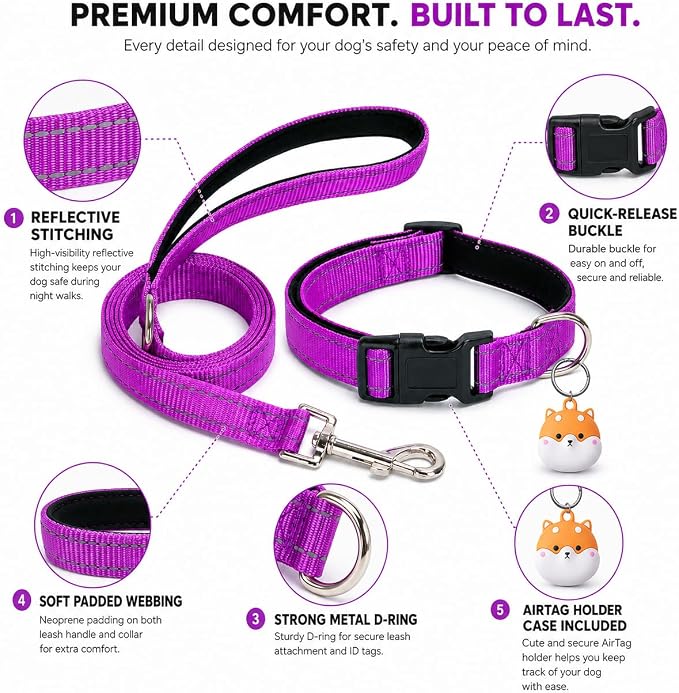 Reflective Soft Neoprene Padded Matching Dog Collar with Leash Airtag Holder Case Set Safety Breathable Adjustable Nylon Dog Collars for X-Small Small Medium Large Dogs-Purple-S