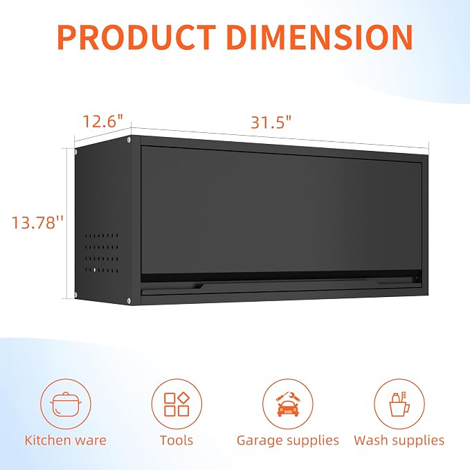 Garage Wall Cabinet, 13.8" H Metal Wall Cabinet with Up-Flip Door | Wall Mounted Metal Storage Cabinet, Upper Cabinet for Kitchen,Garage,Workshop,Warehouse, Assembly Required, Black