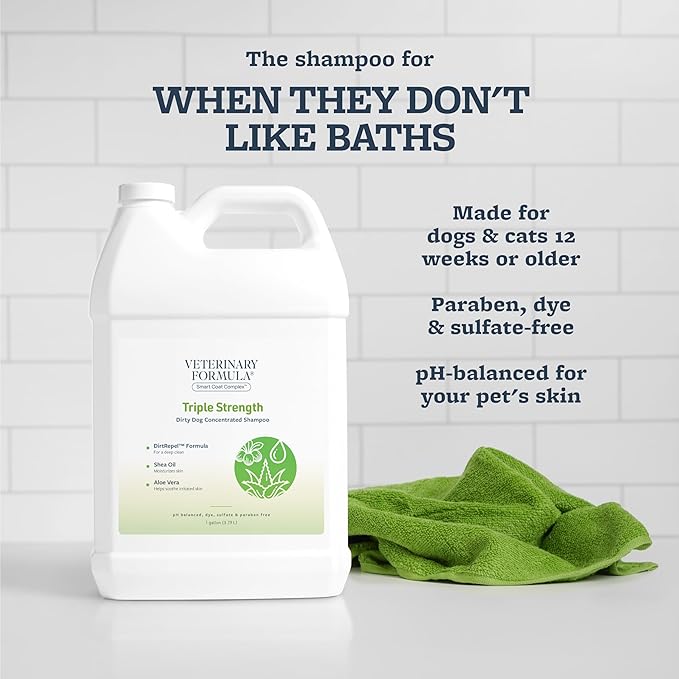 Veterinary Formula Smart Coat Complex Triple Strength Dirty Dog Concentrated Shampoo, 128 Fl oz / 1 Gallon – DirtRepel Tech Cleans Extra Dirty and Smelly Dogs – w/ Shea Butter and Aloe Vera to Soothe