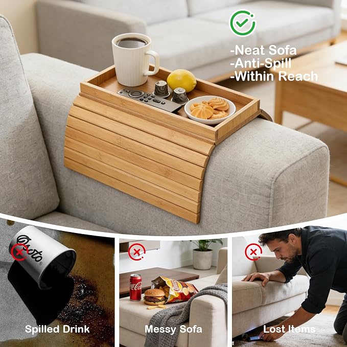 Bamboo Sofa Armrest Tray, Foldable Couch Arm Table with Anti-Slip & Waterproof Design, Versatile Sofa Arm Organizer for Drinks, Snacks, Remote Control, Fits Most Sofa Arm Widths (Bamboo)