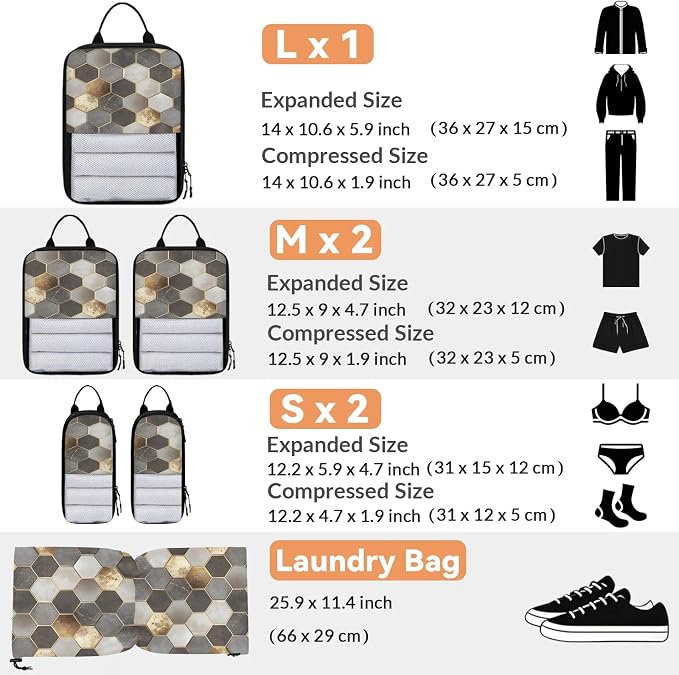 Geometric 6 Set Compression Packing Cubes Gold Expandable Packing Organizer for Travel Accessories Luggage Suitcase Bag