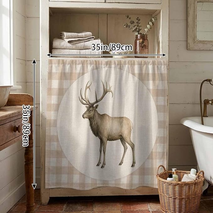 Majestic Buck Cabinet Dishwasher Hidden Curtains, Privacy Closet Door Curtain, Vintage Natural Buck Rustic Linen Plaid Adhesive Dust Proof Under Sink Skirt for Bathroom Kitchen 35"x35"