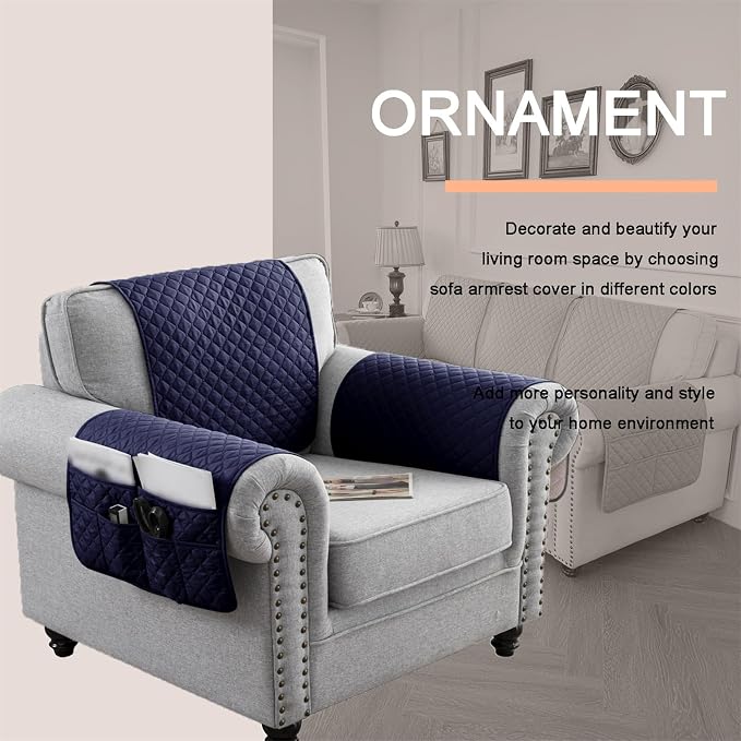 Water-Resistant Sofa Armrest and Headrest Covers with Side Pocket | Keep remotes close quilted polyester helps guard against wear, pet scratches, and kids' messes silicone backing adds grip