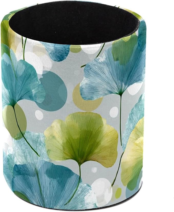 Faux Leather Pen Holder for Desk, Pencil Organizer Artistic Leaves Pen Cup Desk Decor Makeup Brush Holder Storage for Office Home