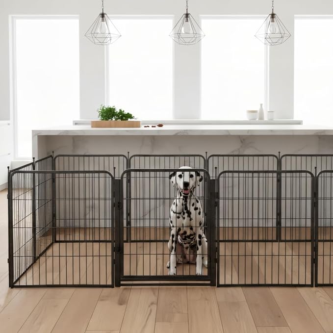 Indoor Dog Playpen - 24 inch, 8 Panels for Small and Puppy Size Dogs - Heavy Duty Metal Portable Pet Fence with Black Anti-Rust Coating - Play Pen w/Extra Wide Gate