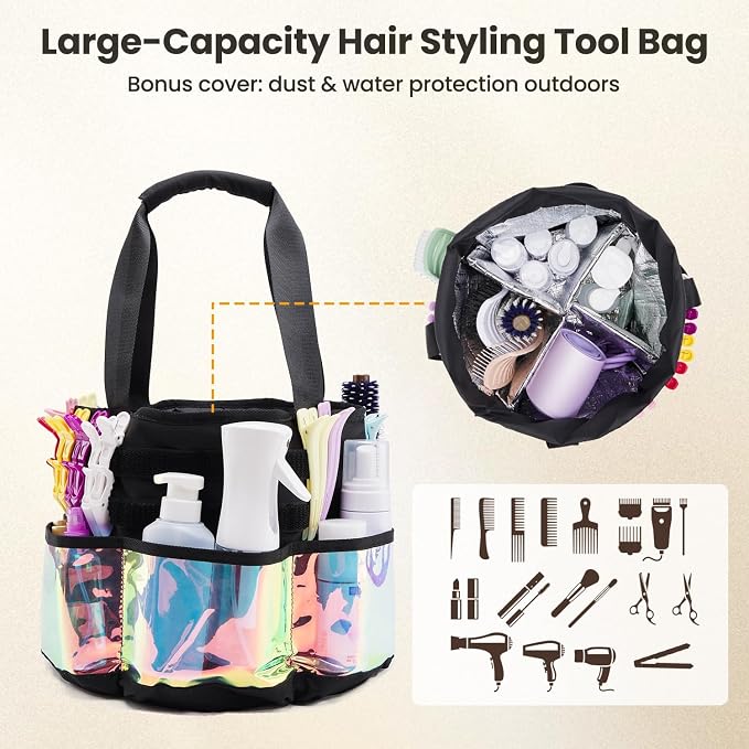 Hairstylist Travel Bag, with Dust Cover, 11L Large Capacity, Heat-Resistant Interior, Iridescent Pockets, 24 Hook-and-loop Slots, Top Drawstring, Makeup & Pet Grooming Supplies Organizer