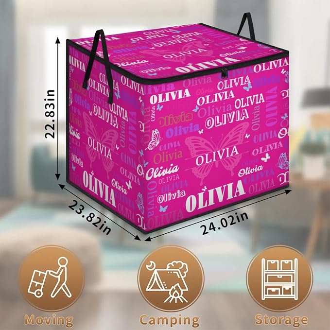 Custom Name Storage Bin with Lid, Personalized Extra Large Rosy Pink with Butterflies Storage Basket with Handles Zippers for Organizing Comforters, Blankets, Bedding Closet Shelf Baskets