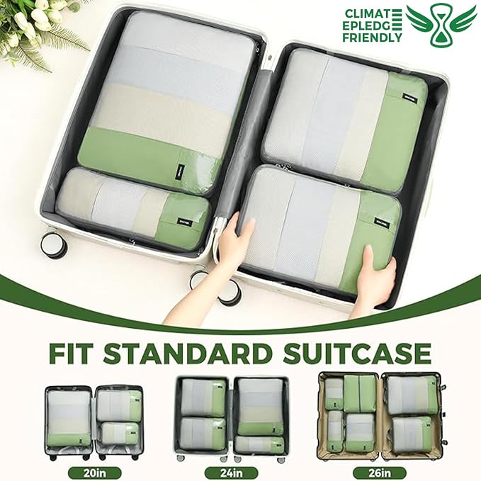 BAGAIL Lightweight Compression Packing Cubes for Travel, 6 Set,Matcha Green | Salis Nylon Fabric,Anti-Tearing,Save Space,SBS Zippers,Packing List,PVC Tag Pocket,Custom Labels,Visible Mesh,Portable Handel
