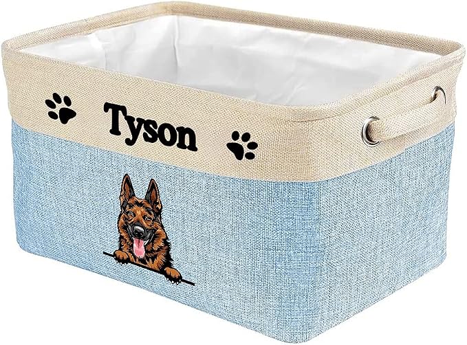 Personalized Fabric Dog Toy Storage Basket with Lovely Dog German Shepherd Collapsible Sturdy Fabric Pet Toys Storage Bin Cube with Handles for Organizing, Blue amd White