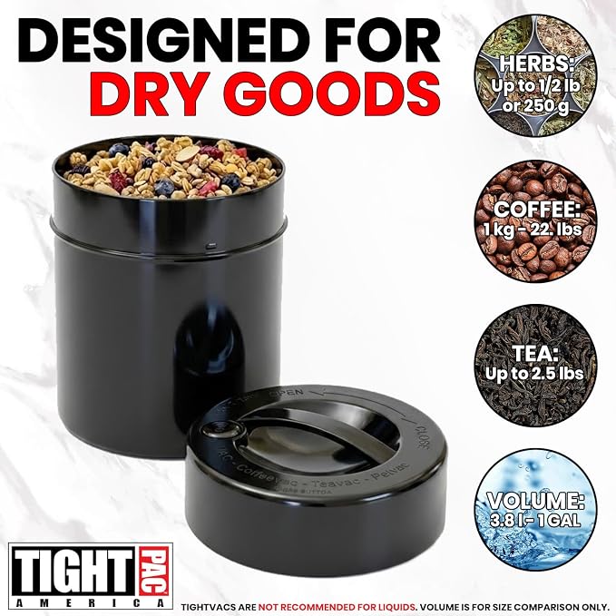 Tightpac Kilovac Airtight Coffee Container – Multi-Use Vacuum Container for Coffee Bean Storage, Grounds & Bulk Dry Goods – 2.5 lbs / 40 oz / 3.8L, Wide-Mouth, Patented Vacuum Seal, Black